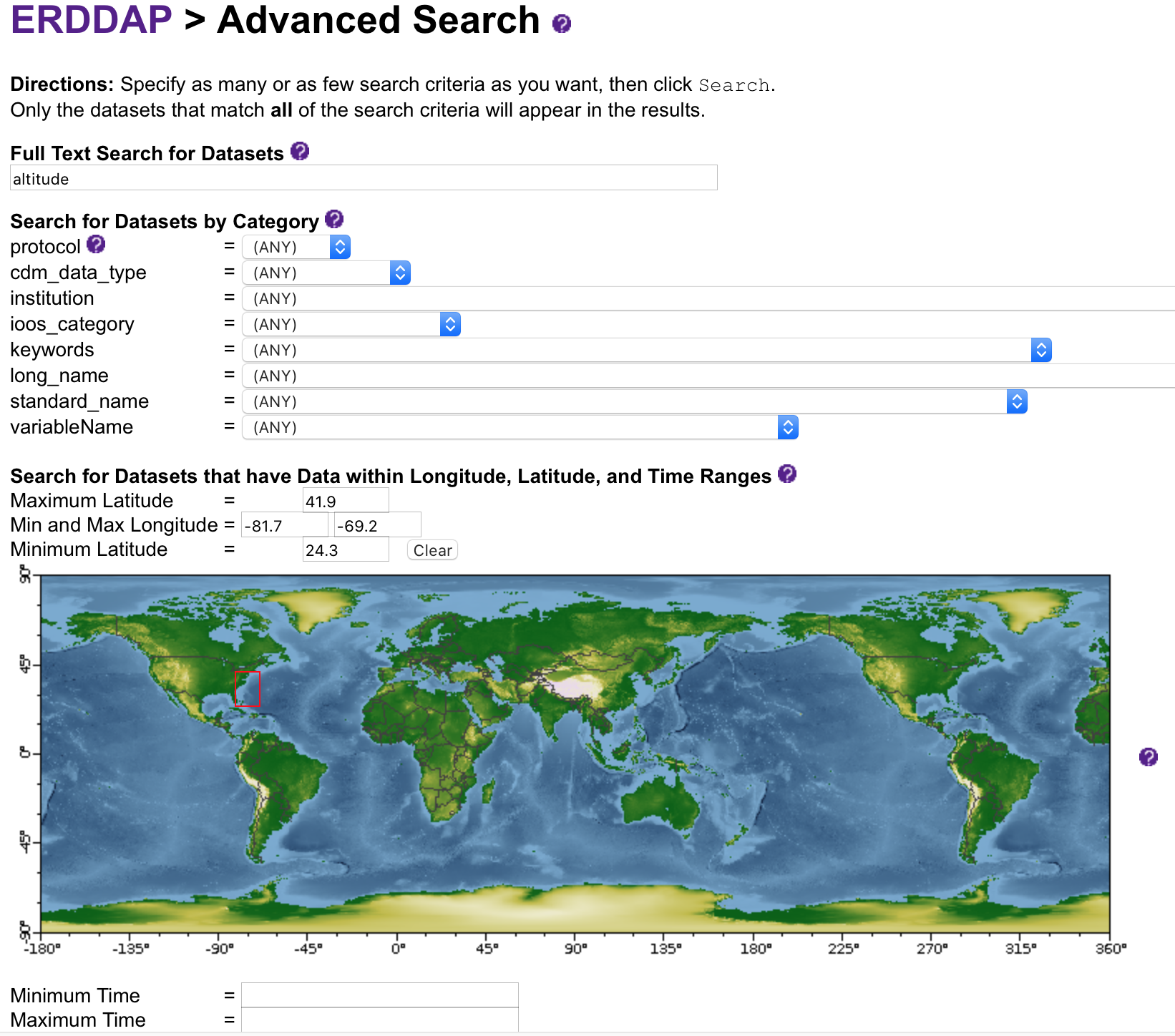 NOAA ERDDAP server advanced search parameters for depth measurements in study site.